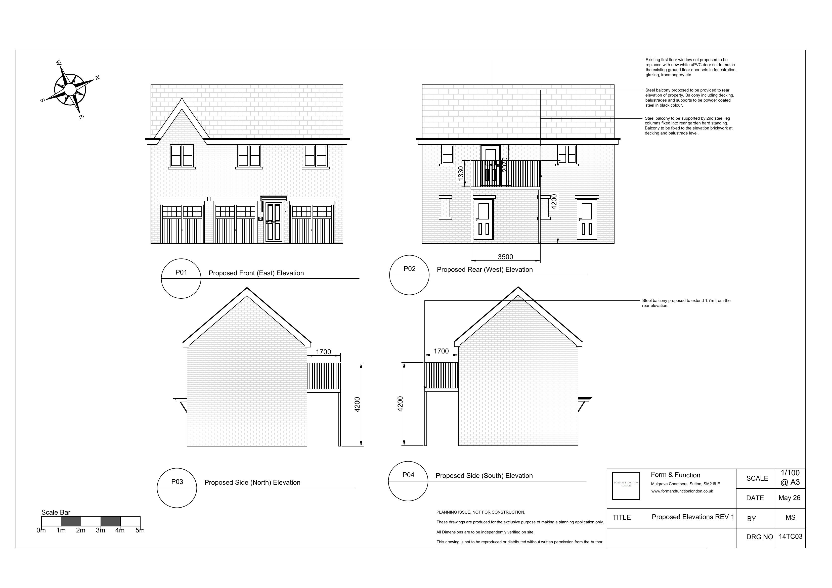 Proposed elevations showing the new rear steel balcony