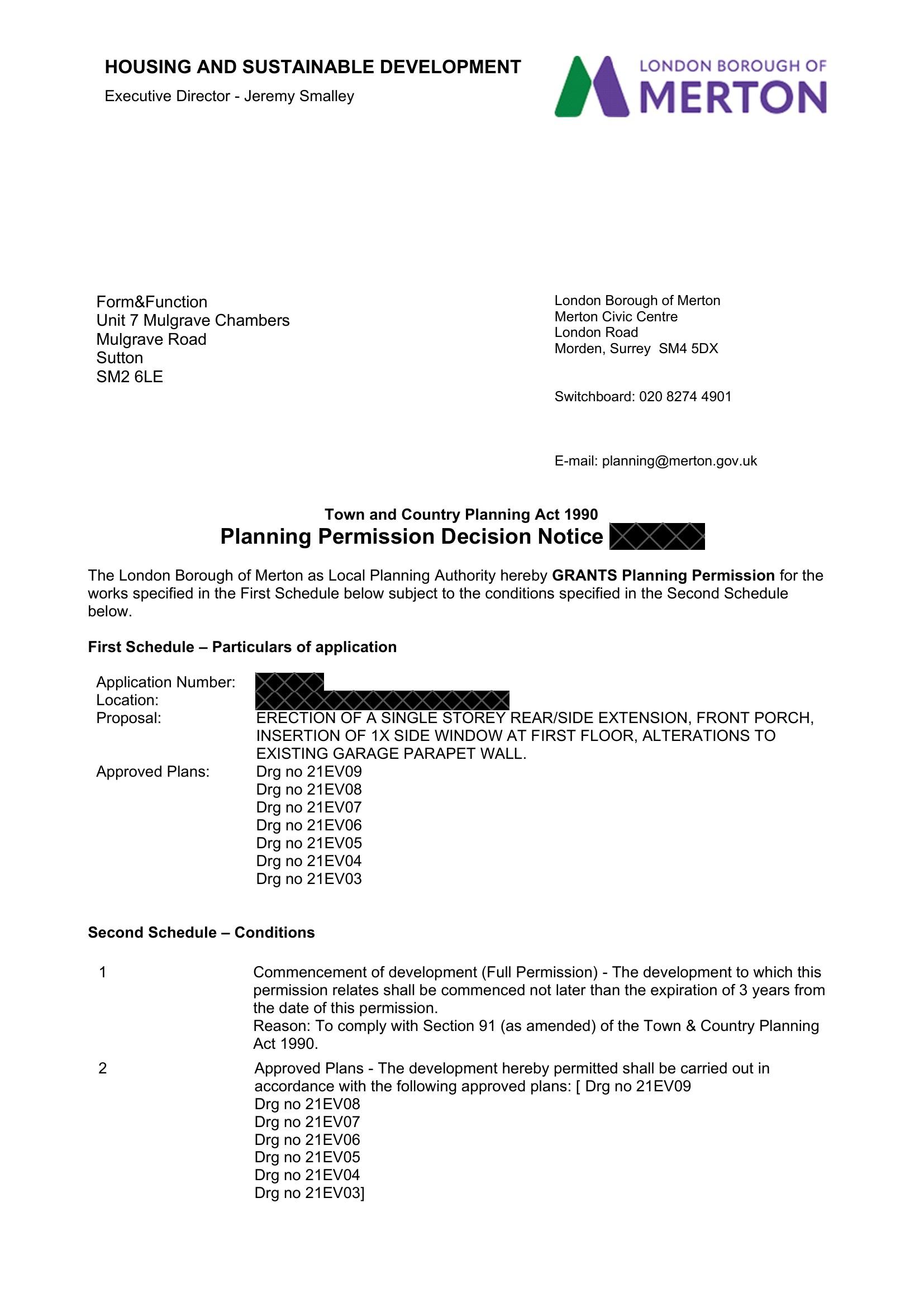 The council's decision notice granting full planning permission (applicant details redacted)