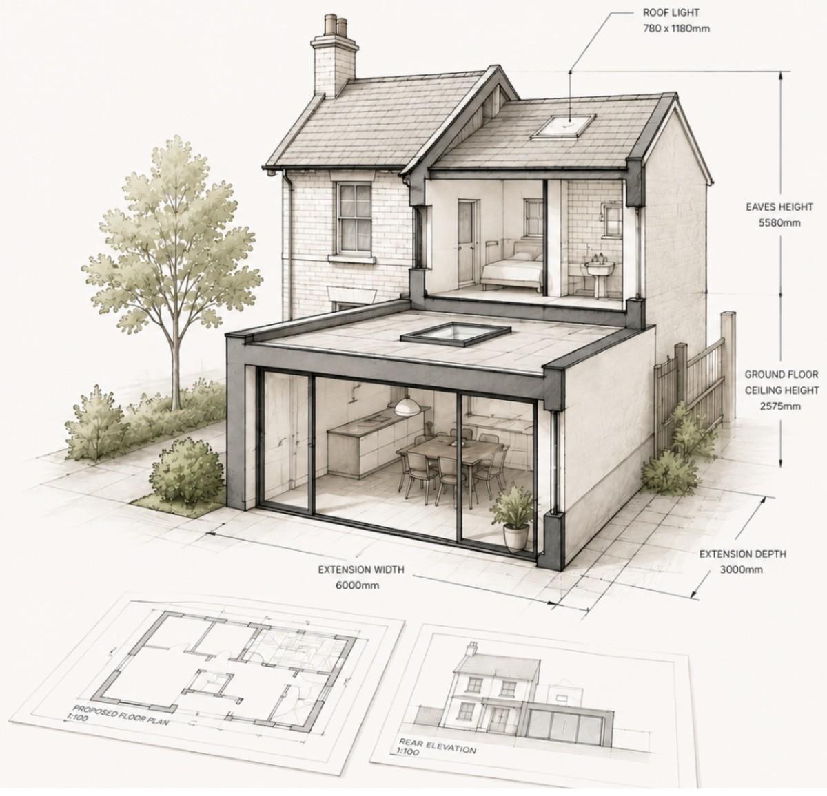 Illustration of a house extension in cross-section, with proposed floor plan and rear elevation drawings