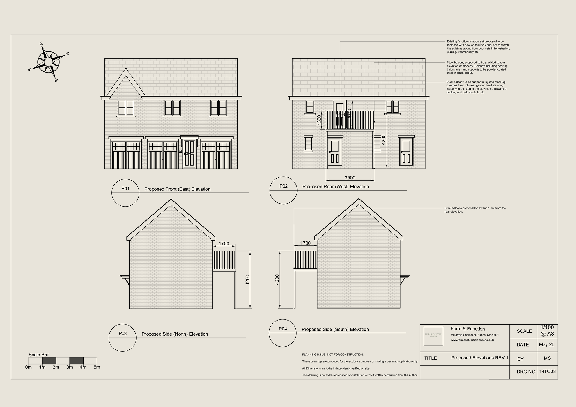 The proposed planning drawing sheet for 14 Turvin Crescent, showing all proposed elevations